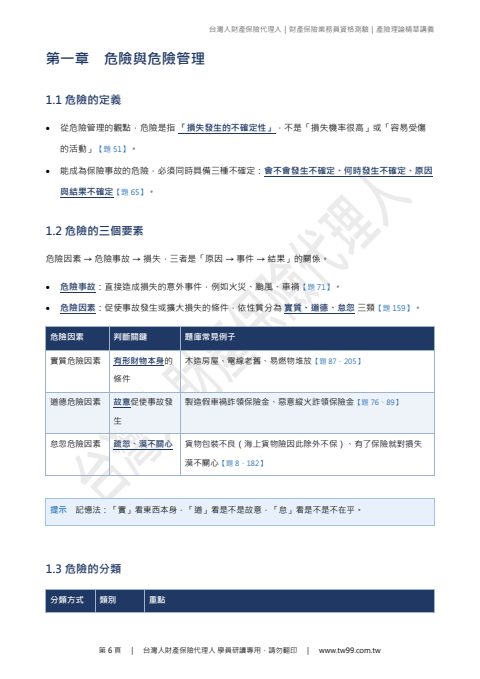 講義內頁：第一章危險與危險管理，每個考點後面標出題號，答案關鍵字粗體加底線